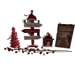 Christmas 5 pc set -2 signs,accent, peppermint tree, mini gingerbread house NWT